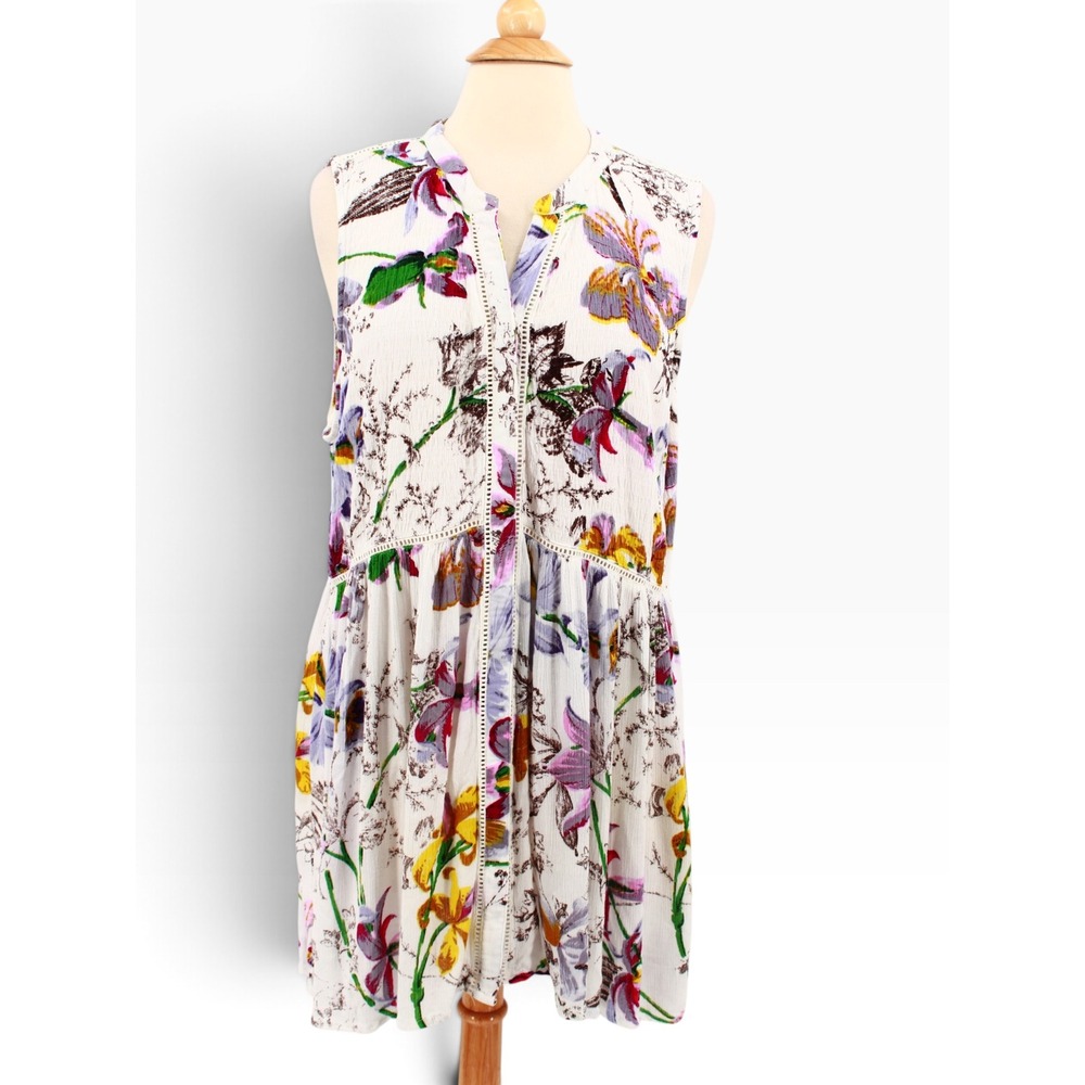 BY Anthropologie Nia Tunic XL Floral Button Down Sleeveless Crochet Trim White